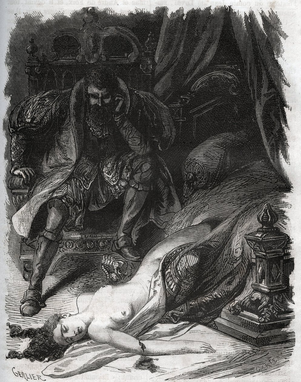 Dood van Francoise de Foix, gravin van Chateaubriant (ca. 1495-1537), vermoord door haar man Jean de Laval Comte de Chateaubriant (1486-1543). Gravure uit 1871 in 