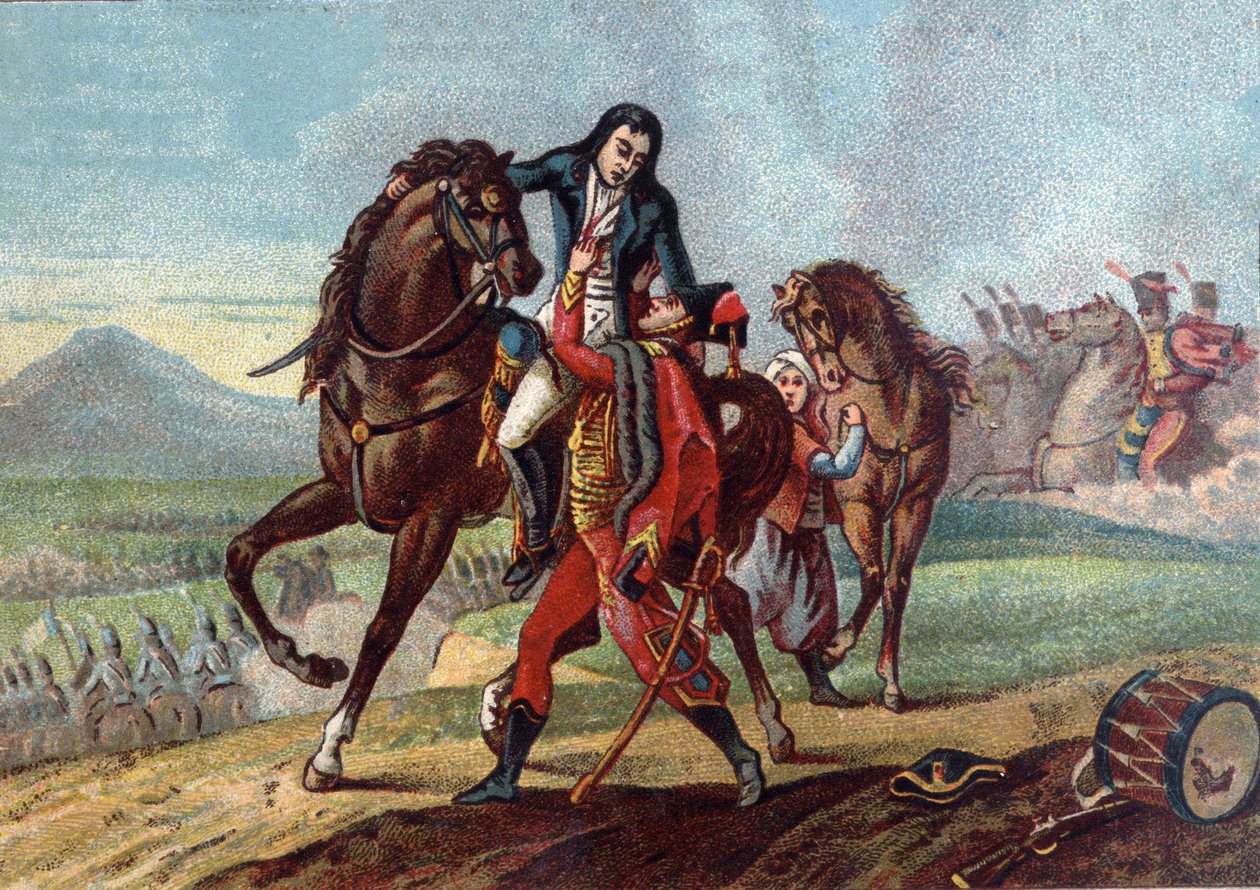 Dood van generaal Charles Antoine Desaix de Veygoux (1768-1800) in de armen van de zoon van consul Lebrun bij de Slag bij Marengo door French School