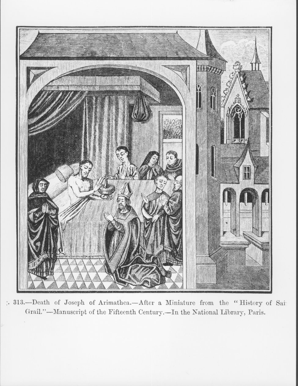 De Dood van Jozef van Arimathea, uit de Geschiedenis van de Heilige Graal, illustratie uit Wetenschap en Literatuur in de Middeleeuwen en de Renaissance, geschreven en gegraveerd door Paul Lacroix, 1878 door French School