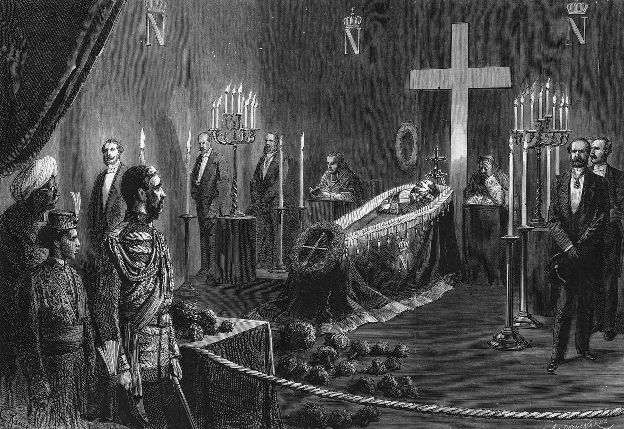 Dood van Napoleon III: de overblijfselen van Napoleon III in de brandende kapel van Cambden House op 14 februari 1873 door French School