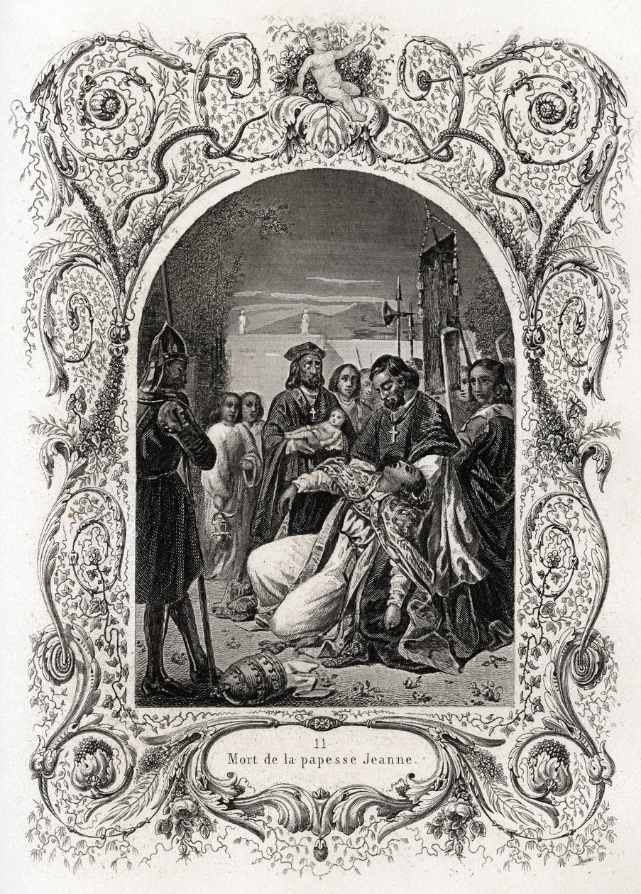 Dood van Pausin Johanna (pontificaat van 855 tot 858). Gravure ter illustratie van Histoire des popes door Maurice Lachatre (1814-1900), librairie du progrès, Parijs. door French School