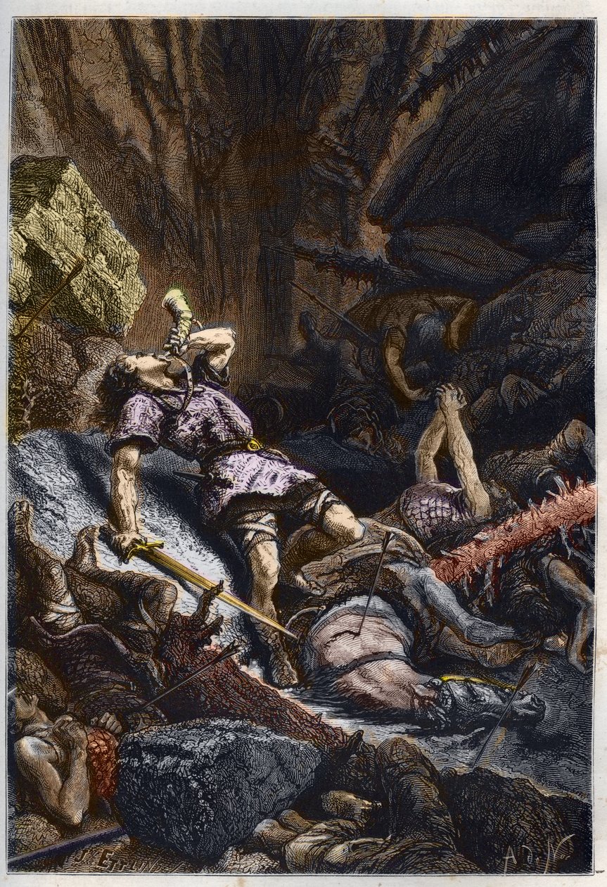 Dood van de ridder Roland, neef van Karel de Grote, in de Slag bij Roncevaux (778) tussen het leger van Karel de Grote en de Saracenen - Dood van Roland in de slag bij de Roncevaux-pas, 778 - gravure uit L
