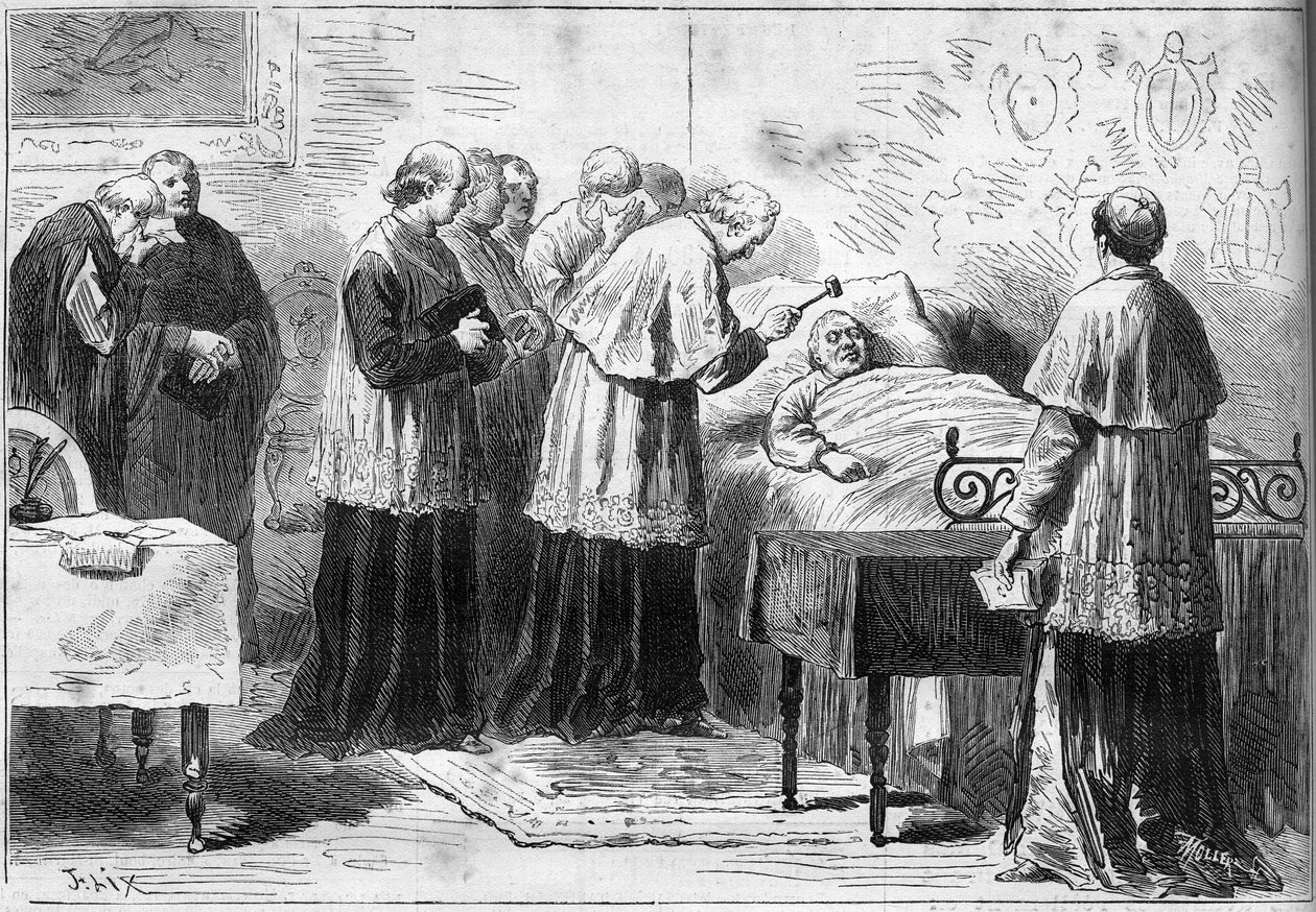Overlijden van Paus Pius IX: ritueel van de erkenning van de dood van de paus. Een kardinaal slaat met een zilveren hamer op het voorhoofd van de overledene. Gravure in 