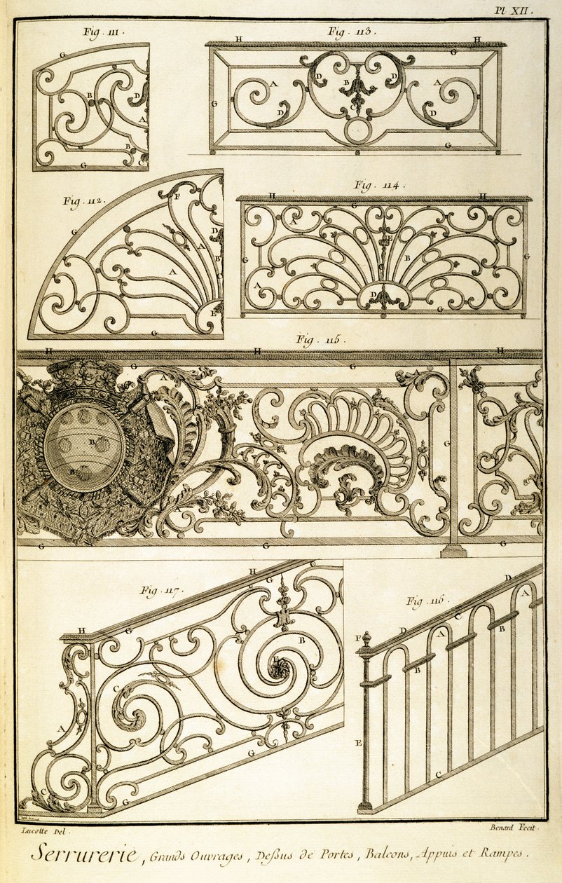 Decoratief smeedwerk, uit Diderots Encyclopaedia, gepubliceerd 1771 door French School