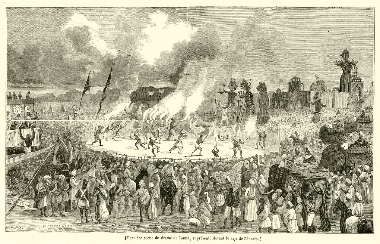 Laatste scène van het drama van Rama, afgebeeld voor de raja van Benares (gravure) door French School