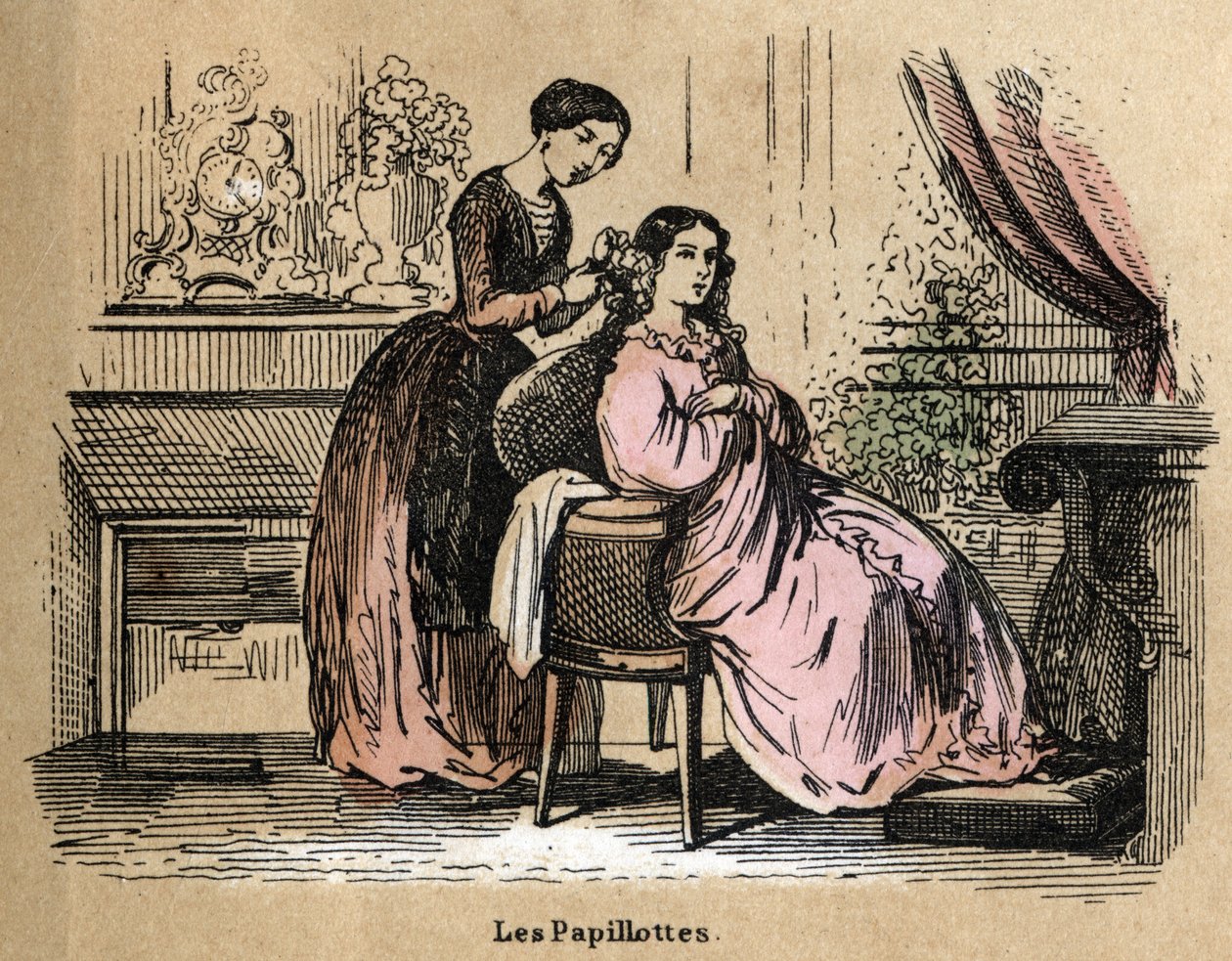 Beschrijving van de verschillende producten en toepassingen van papier: folies, stukjes papier gebruikt om haar te scheiden door drogers. Plaat "Le papier et ses producten" in "les Recreations instructives" Synoptisch schilderij door Jules Delbruck, gravur door French School