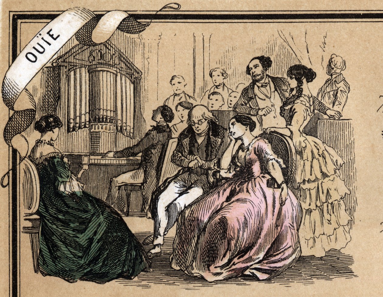 Beschrijving van de vijf zintuigen: detail van het gehoor, een muziekconcert tijdens een sociale avond. Plaat "Les cinq sens" in "les Recreations instructives" Synoptisch schilderij door Jules Delbruck, gravure uit 1860. Privécollectie. door French School