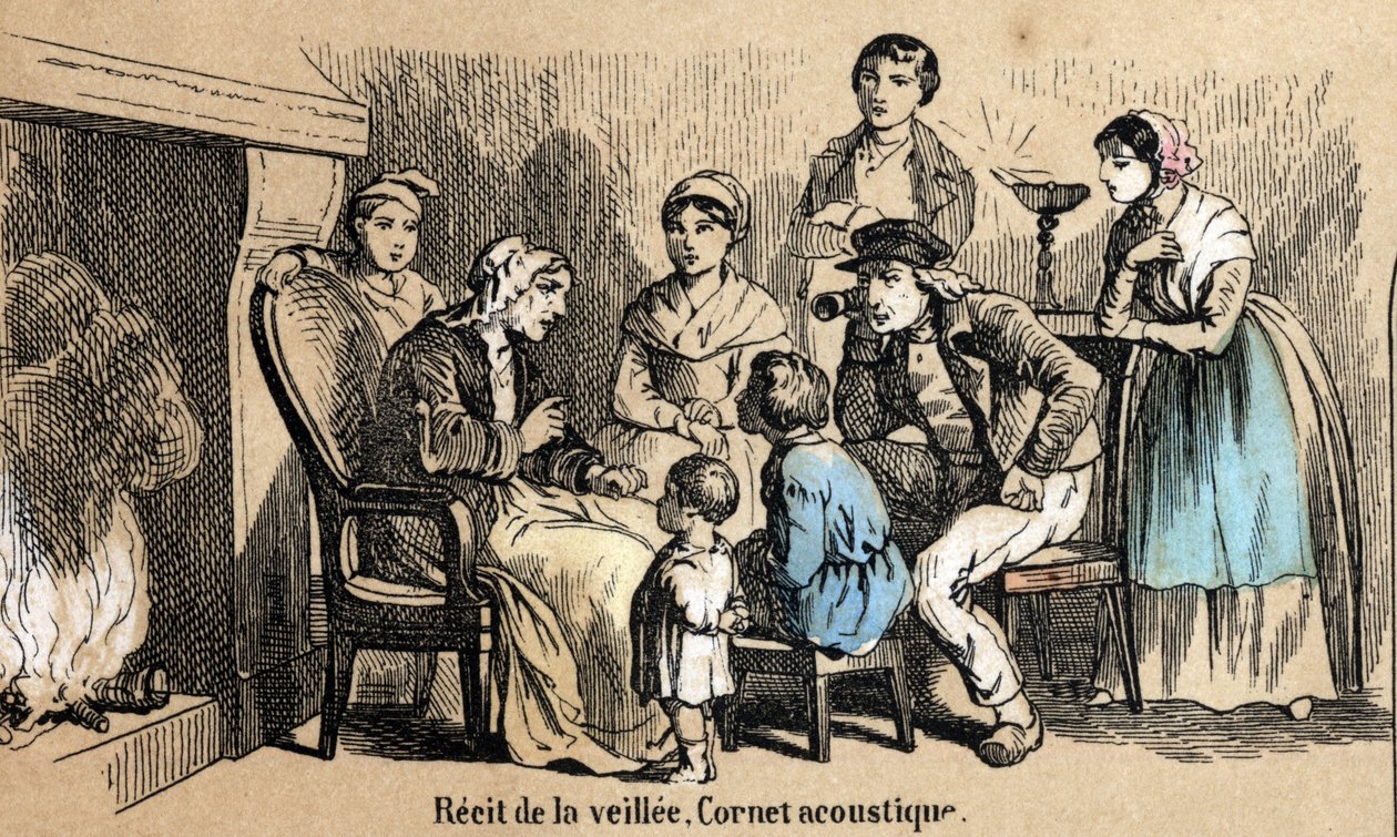 Beschrijving van de vijf zintuigen: detail van het gehoor, de verhalen tijdens de nacht in de huisjes, een oude man gebruikt een akoestische kegel. Plaat "Les cinq sens" in "les Recreations instructives" Synoptisch schilderij door Jules Delbruck, gravure u door French School