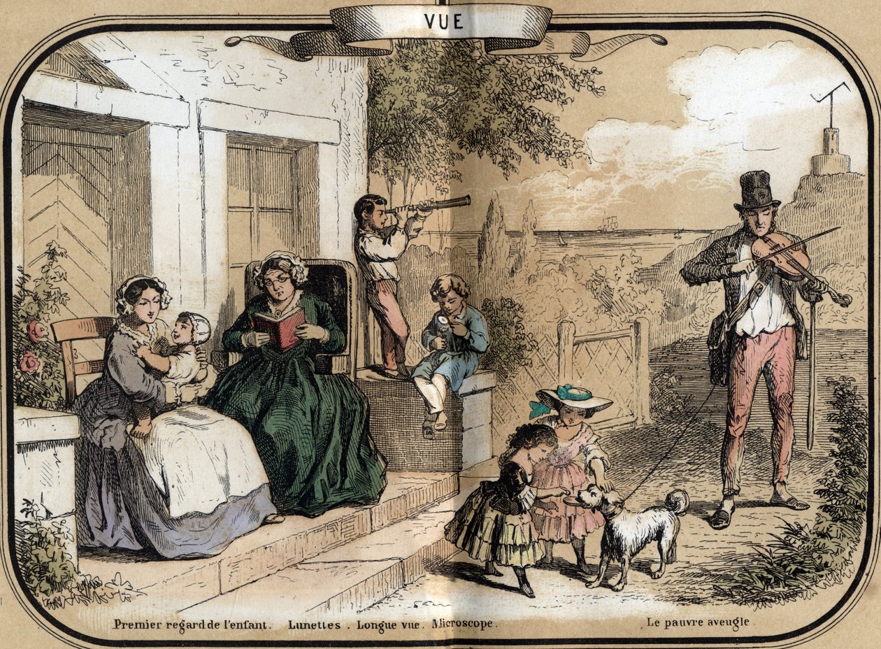 Beschrijving van de vijf zintuigen: het zicht, van links naar rechts, een baby die haar ogen opent naar haar moeder, een oude vrouw die leest met een bril, een jongetje dat speelt met een verrekijker (verrekijker) waarmee je van een lange afstand kunt zien door French School