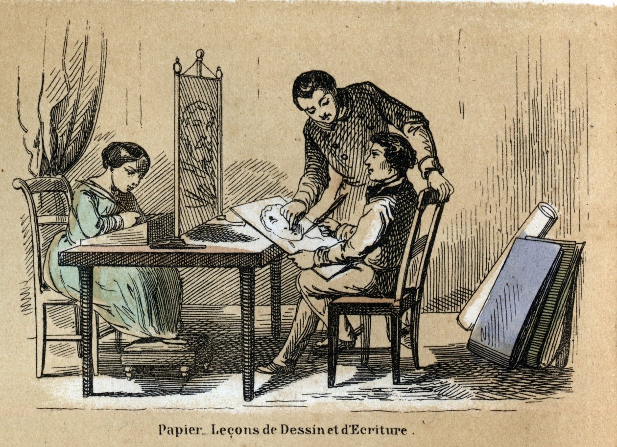 Beschrijving van de verschillende producten en toepassingen van papier: een teken- en schrijfcursus. Plaat "Le papier et ses producten" in "les Recreations instructives" Synoptisch schilderij door Jules Delbruck, gravure uit 1860. Privécollectie. door French School