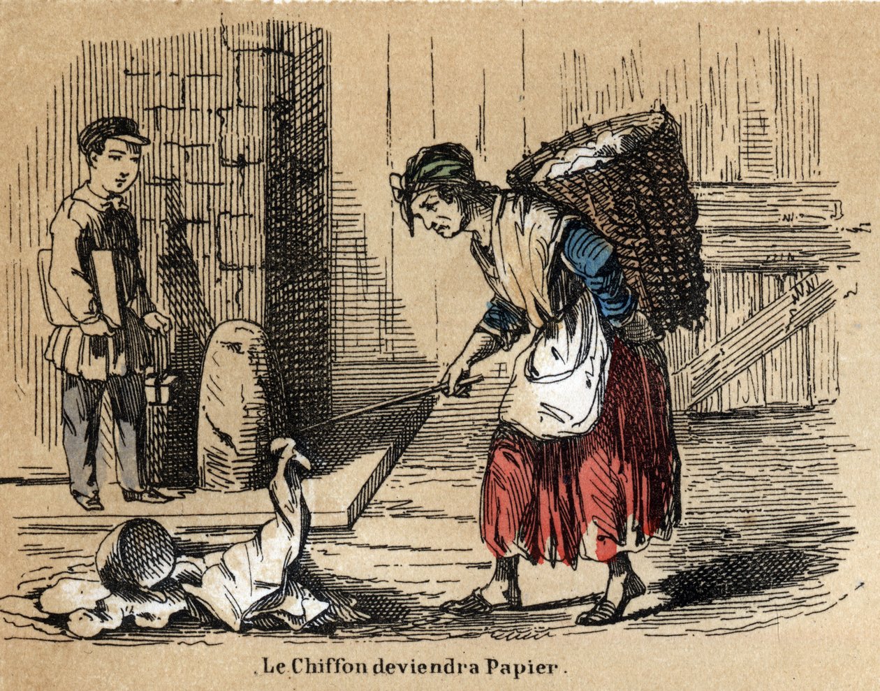 Beschrijving van de verschillende producten en toepassingen van papier: de verzameling van oude lompen waaruit het papier wordt gemaakt. Plaat 