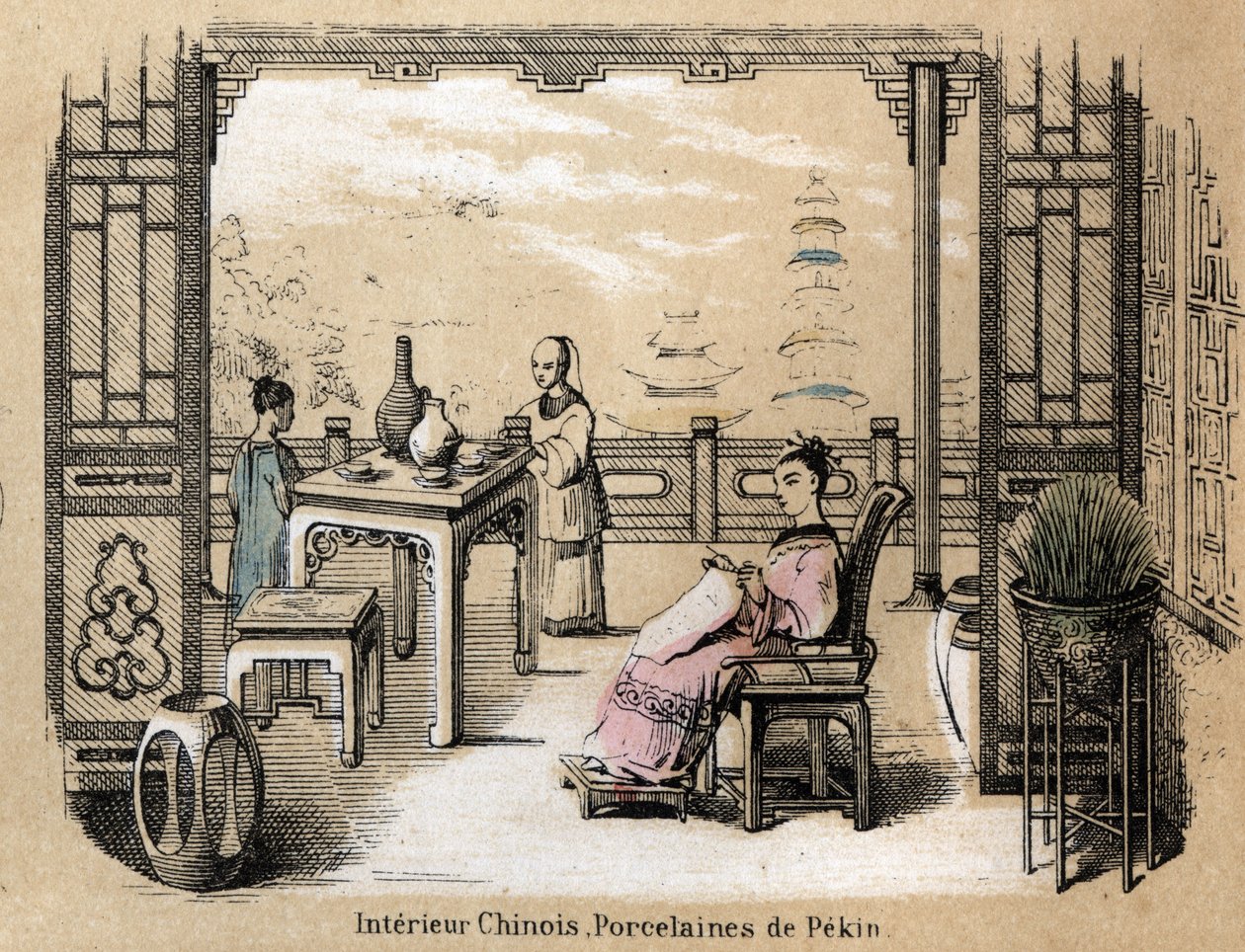 Beschrijving van de verschillende stadia van productie en toepassingen van klei: een Chinees interieur met Pekin porselein. Plaat 
