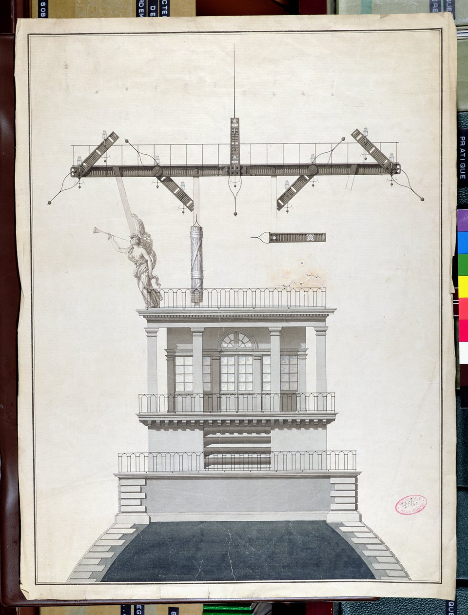 Ontwerp voor een Chappe telegraafstation voor een van de koepels van het Louvre, Parijs, begin 19e eeuw door French School