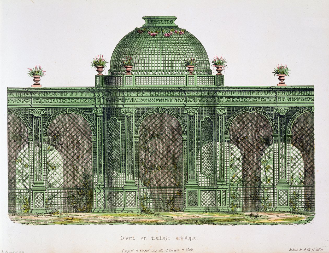Ontwerp voor een galerij met boogvormig traliewerk en een centrale koepel, gepubliceerd voor het Bureau de Moniteur des Menusiers, Parijs door French School