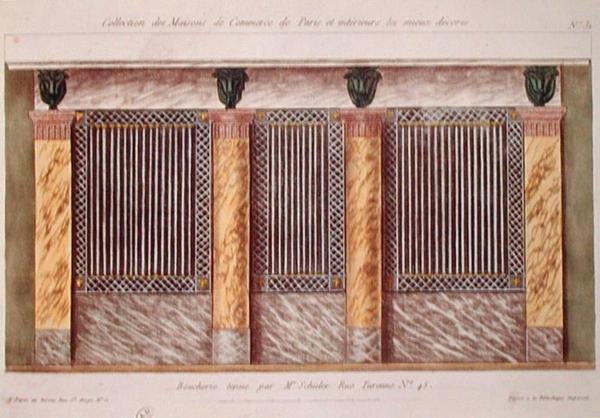 Ontwerp voor de gevel van een slagerij, uit een serie die de best versierde commerciële gebouwen in Parijs afbeeldt, ca. 1810 door French School