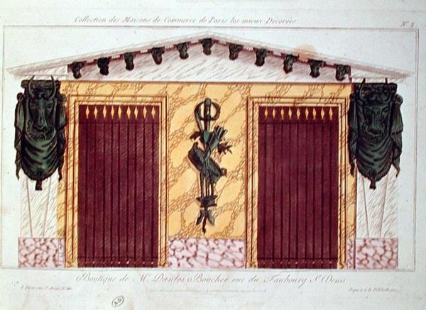 Ontwerp voor de gevel van een slagerij, uit een serie die de best versierde commerciële gebouwen in Parijs afbeeldt, ca. 1810 door French School