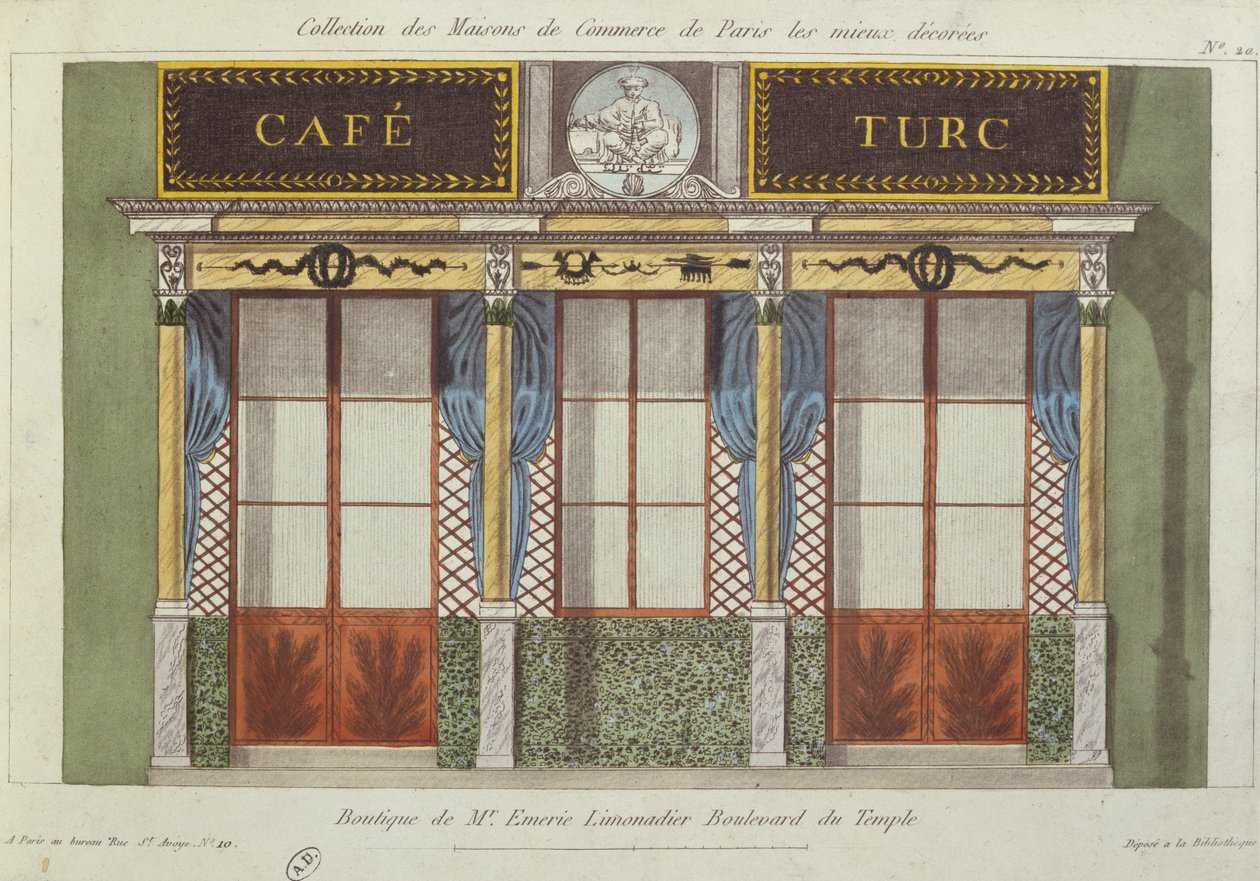 Ontwerp voor de gevel van het Cafe Turc, uit een serie die de best versierde commerciële gebouwen in Parijs afbeeldt, c.1810 door French School