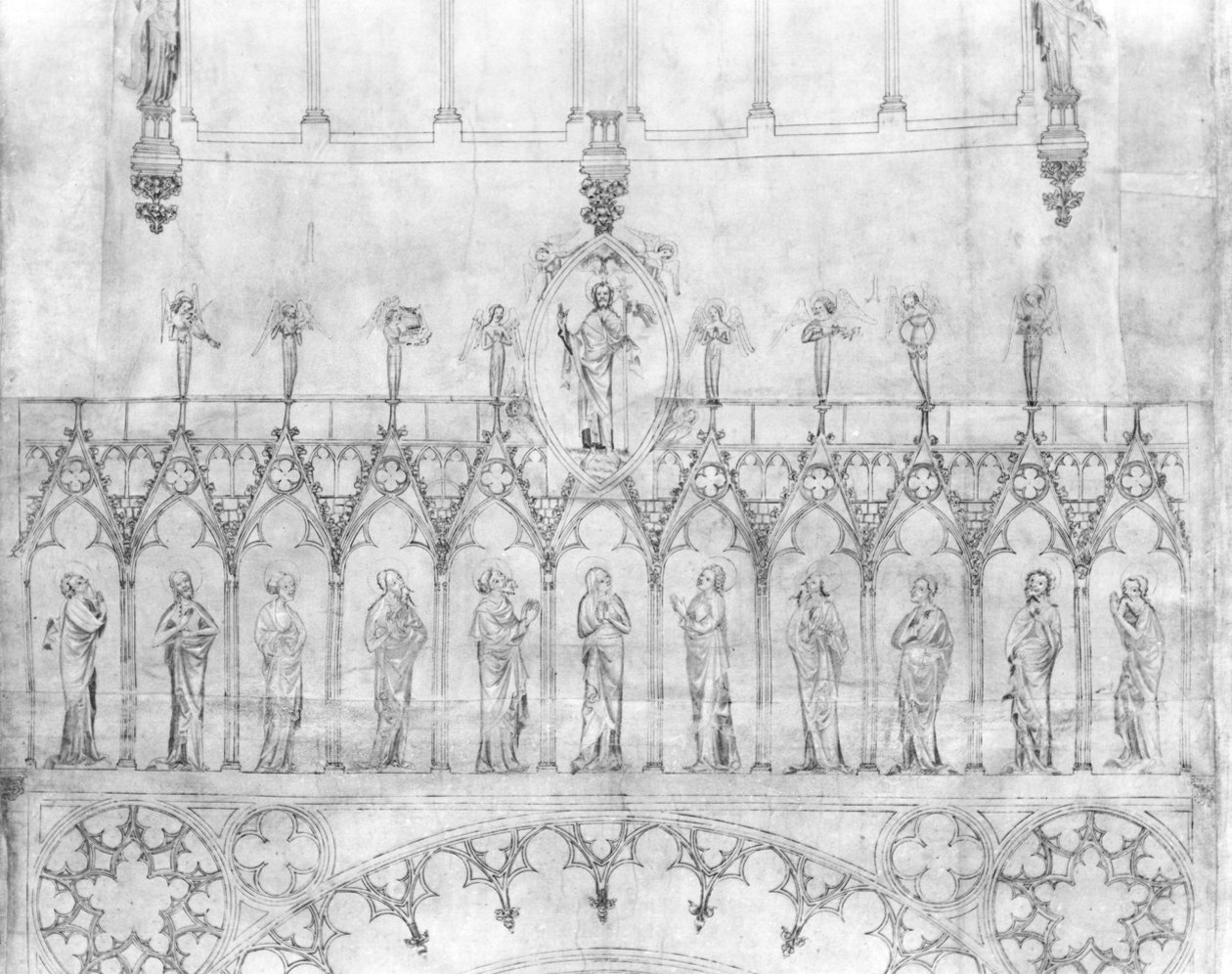 Ontwerp voor de galerij van koningen op de gevel van de Kathedraal van Straatsburg, ca. 1380 (detail) door French School