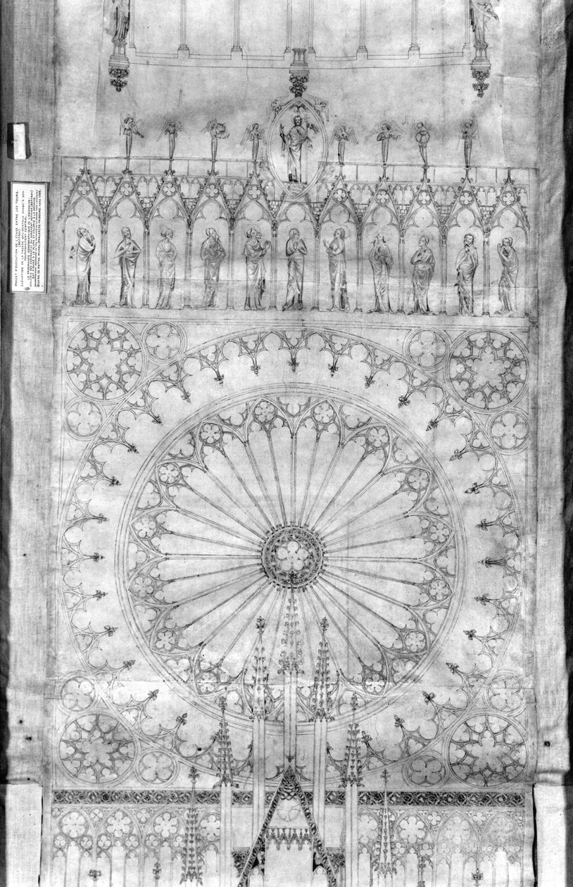 Ontwerp voor het roosvenster en de galerij van koningen op de gevel van de Kathedraal van Straatsburg, ca. 1380 door French School