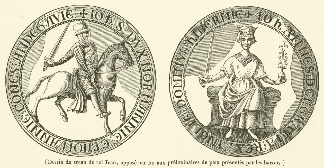 Tekening van het zegel van Koning Jan, door hem aangebracht op de preliminaries van vrede gepresenteerd door de baronnen (gravure) door French School