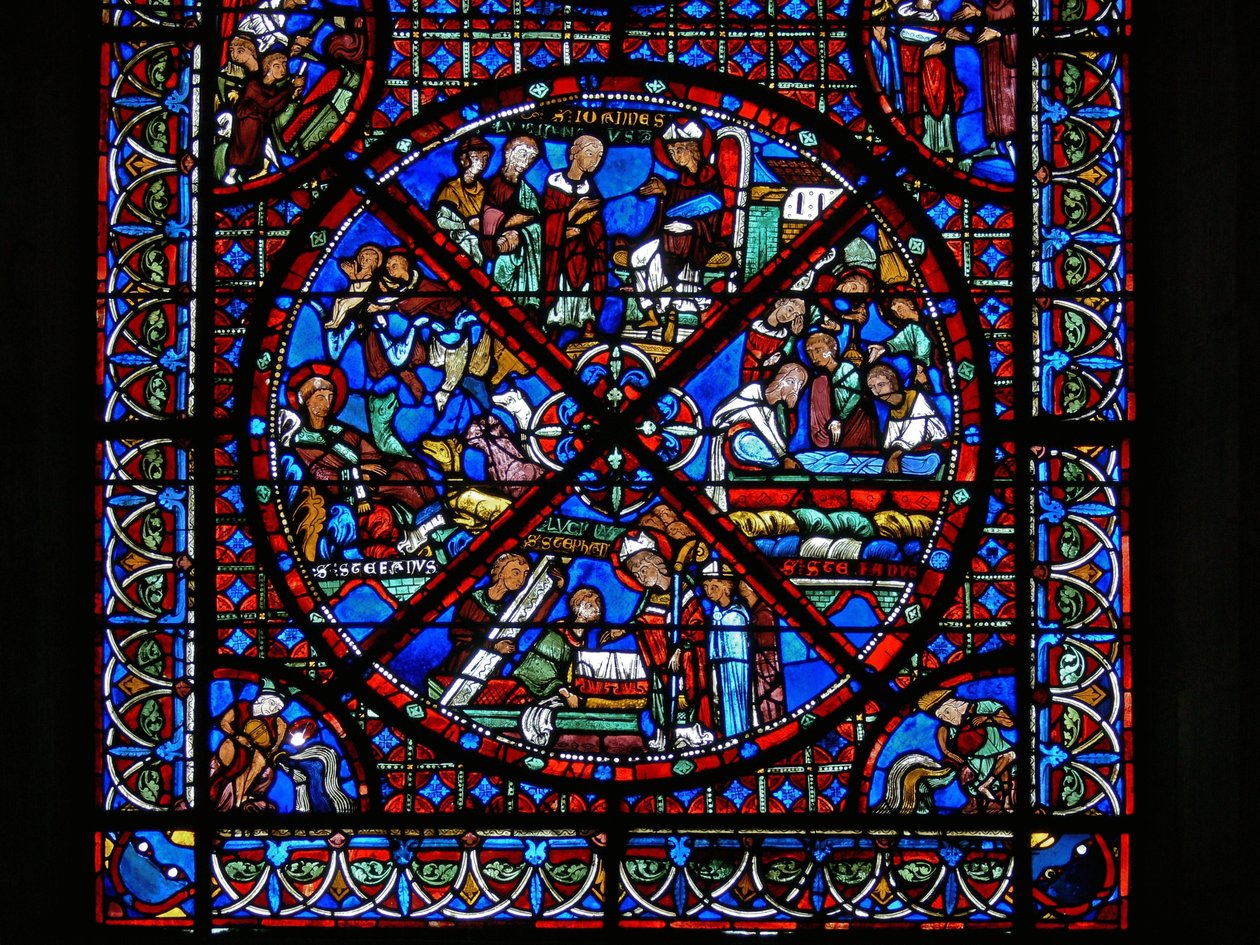 Detail uit een raam van scènes uit het leven van St. Stephen door French School