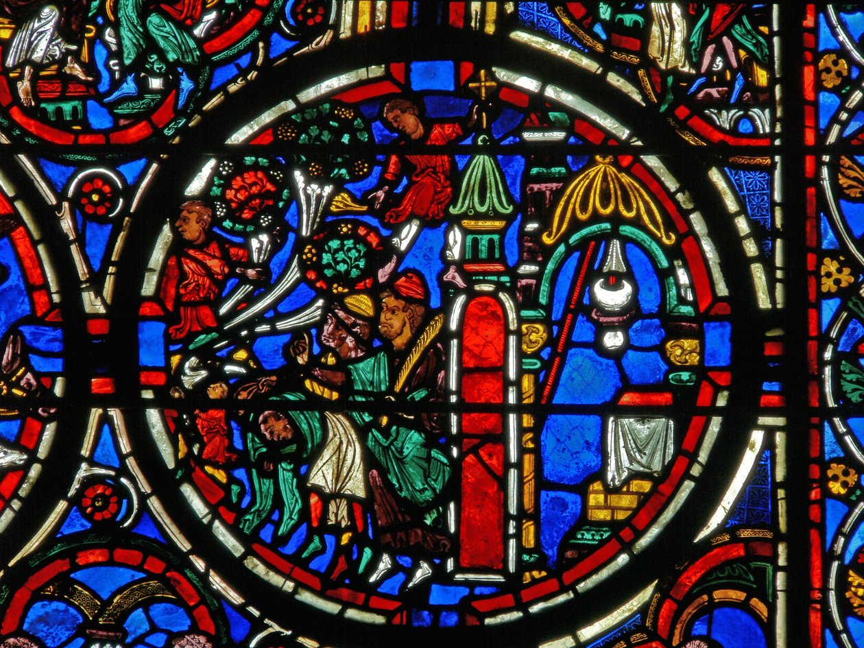 Raam met de Passie: Christus begroet bij zijn intocht in Jeruzalem (detail) door French School