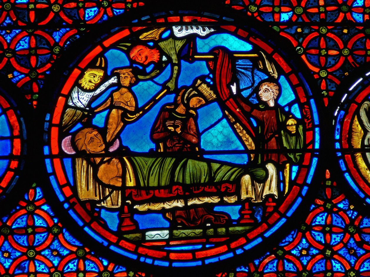 Detail uit een raam van de gelijkenis van Lazarus en de Rijke Man door French School
