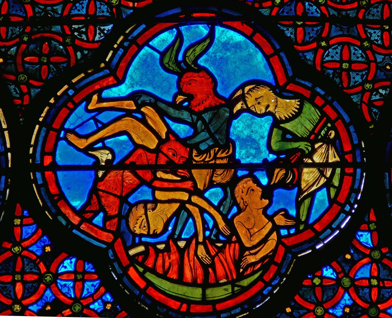 Detail (de rijke man in de hel) uit een raam van de gelijkenis van Lazarus en de Rijke Man door French School
