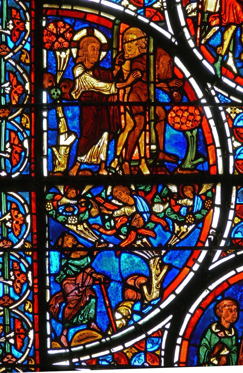 Detail (God verdrijft Adam en Eva uit de Hof van Eden) uit een raam van de gelijkenis van de Barmhartige Samaritaan door French School