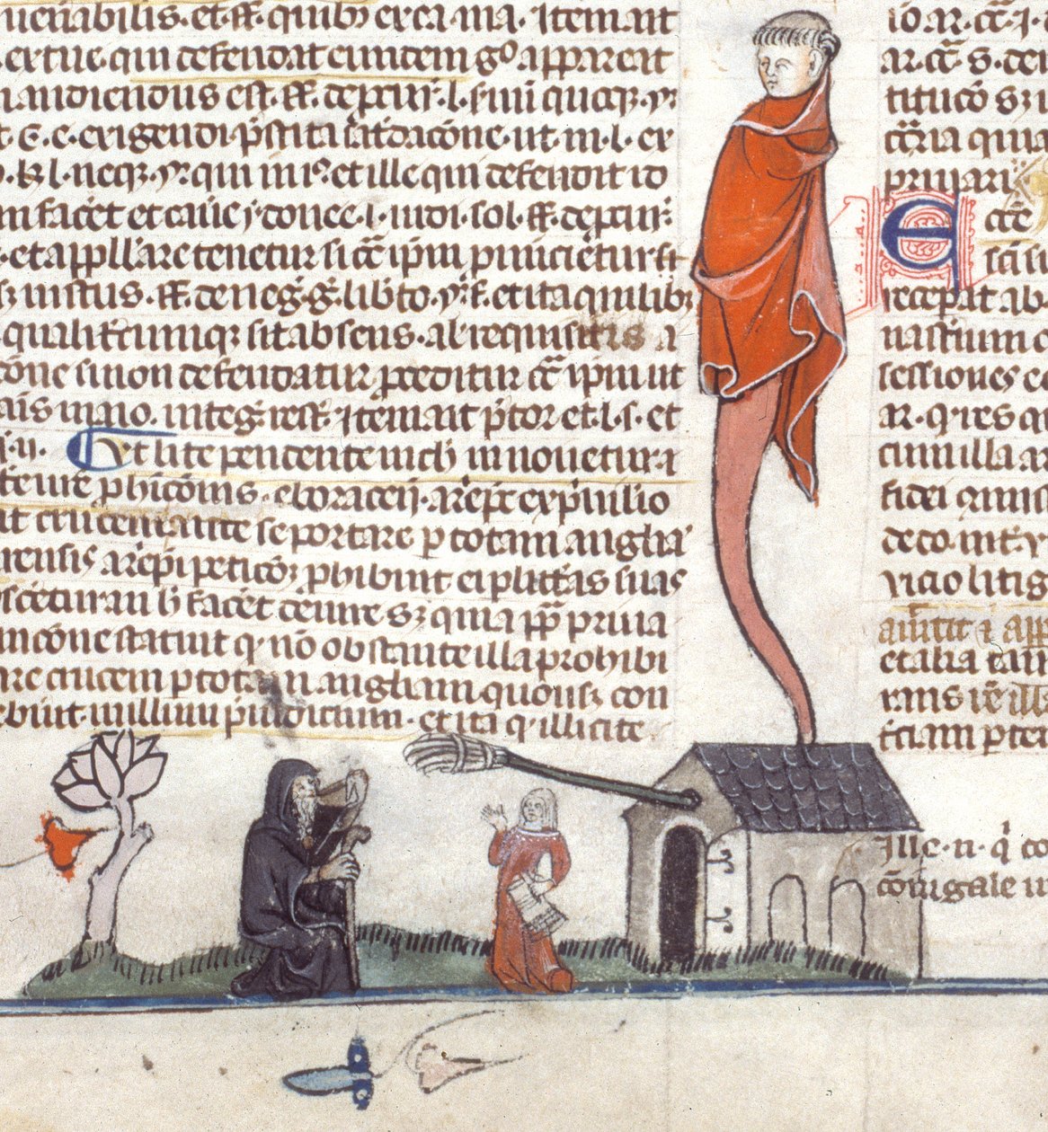Detail van een bas-de-page scène van een kluizenaar die buiten een taverne bier drinkt door French School