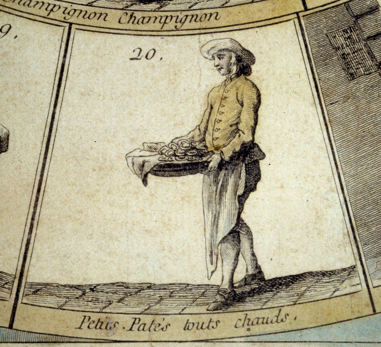 Detail van het ganzenbordspel van de Kreten van Parijs: handelaar in hete kleine pasta. Gravure uit de 18e eeuw. Coll. Vertrek. door French School