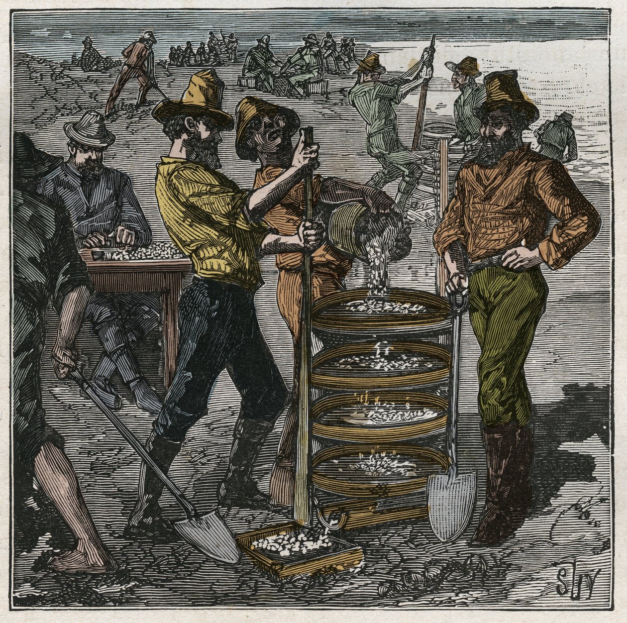 Diamant wassen in Zuid-Afrika in de 19e eeuw. Gravure uit 1885 in 