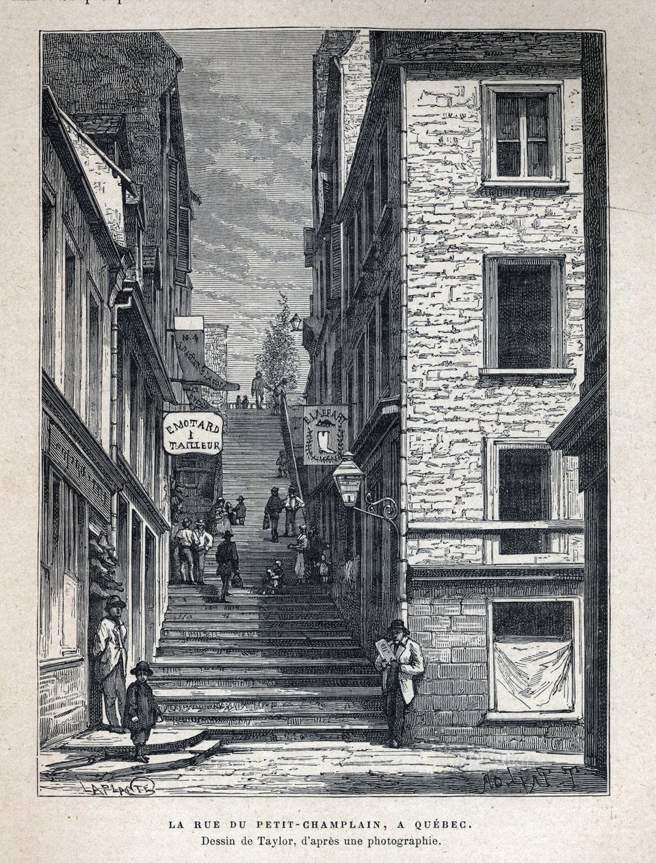 Ontdek Canada: Rue du Peute Champlain in Quebec. Tekening door Taylor van een foto. Gravure uit het einde van de 19e eeuw in 