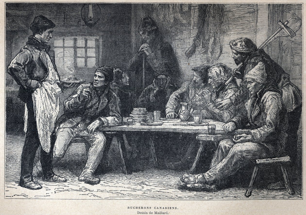 Ontdek Canada: Canadese houthakkers. Tekening door Maillard. Gravure uit het einde van de 19e eeuw in 
