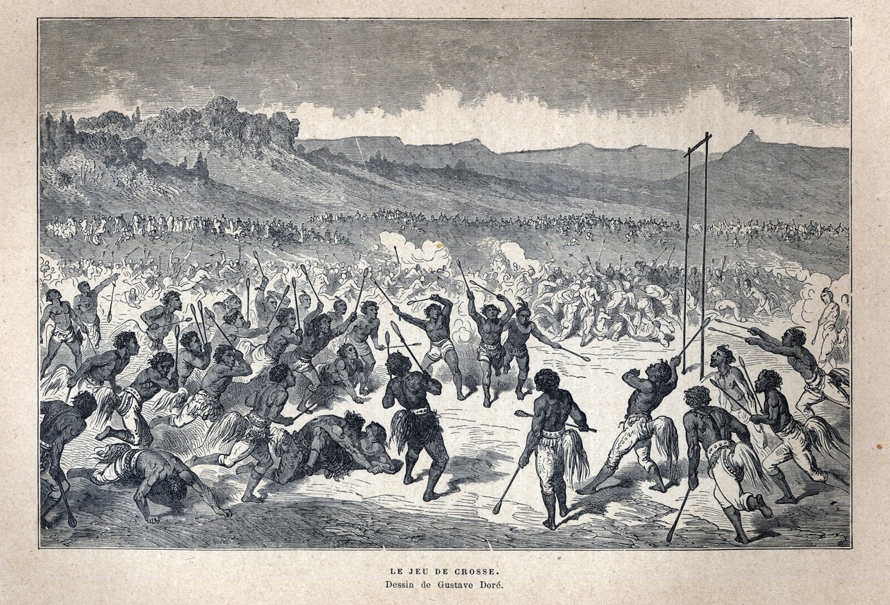 Ontdekt Canada: Sport. Het lacrossespel van de Amerikaanse Indianen. Tekening door Gustave Dore. Gravure uit het einde van de 19e eeuw in 