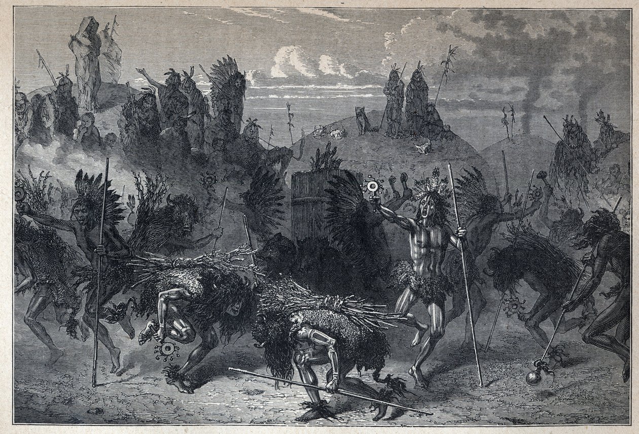 Ontdekt Canada: de dans van de bizons in de Mondanes. Gravure uit het einde van de 19e eeuw in 