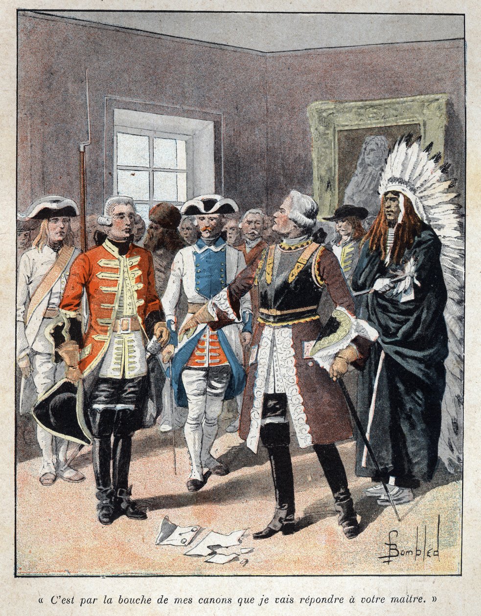 Ontdek Canada: Louis de Buade, graaf van Frontenac (1622-1698) ontvangt de gezant van de Engelse gouverneur van de kolonie Massachusetts (1651-1695) William Phips en antwoordt hem 