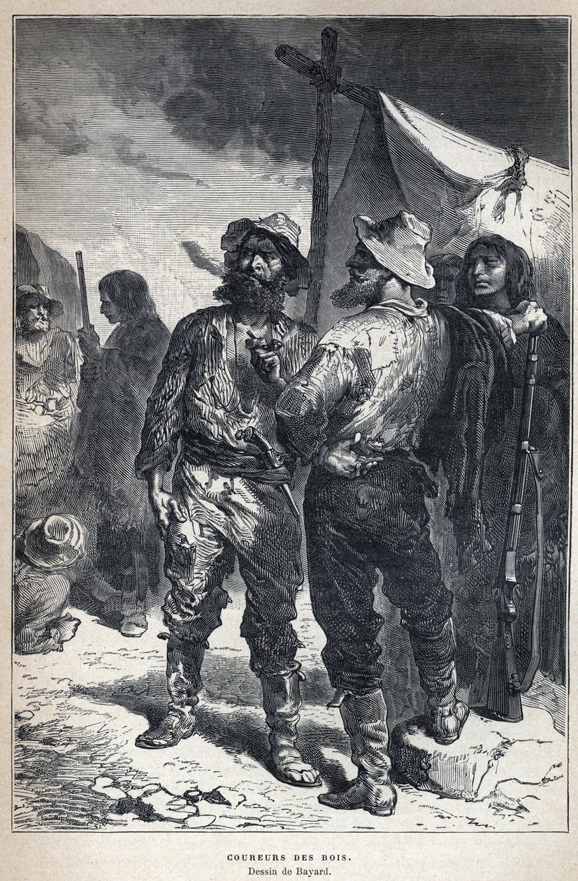 Ontdek Canada: coureur des bois (betrokken bij de bonthandel met de Amerindianen). Bayard tekening. Gravure uit het einde van de 19e eeuw in La nouvelle France door Eugene Guenin door French School