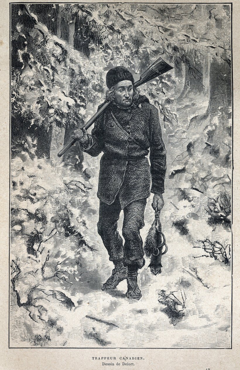 Ontdekking van Canada: portret van een Canadese pelsjager in het bos. Gravure uit het einde van de 19e eeuw in 