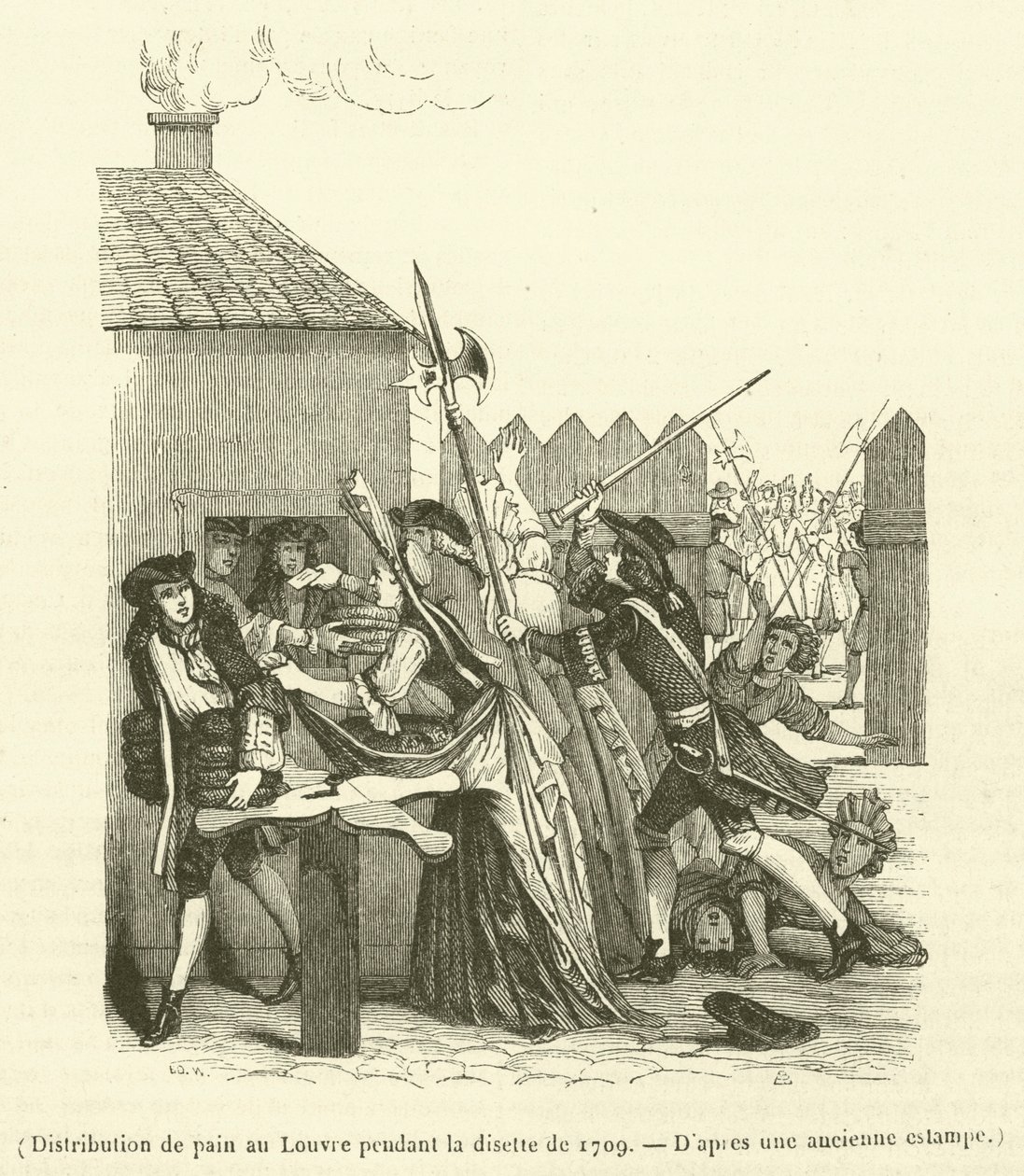 Broodverdeling in het Louvre tijdens het voedseltekort van 1709 (gravure) door French School