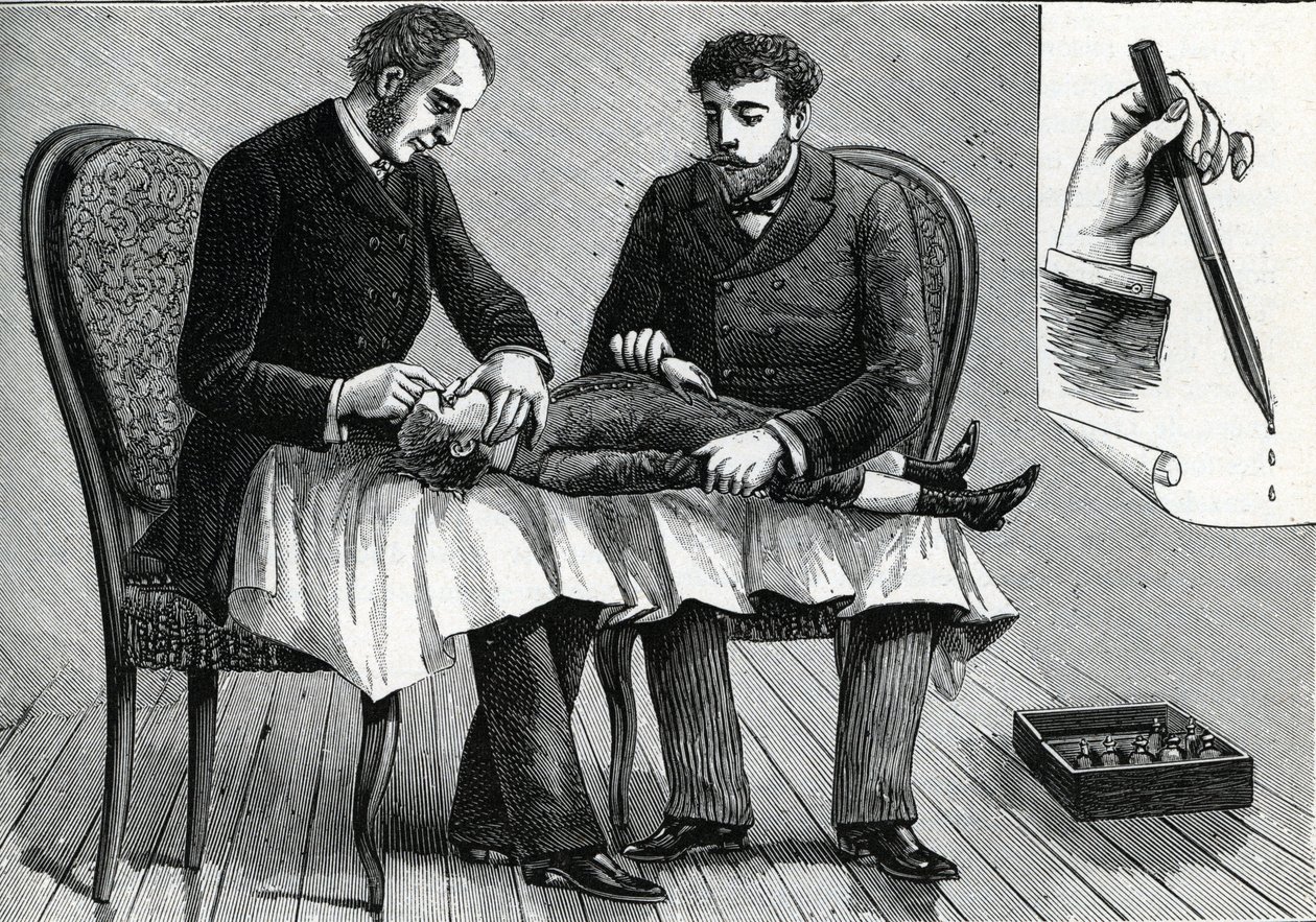 Dokters onderzoeken de ogen van een kind en druppelen oogdruppels (gravure) 1888 door French School