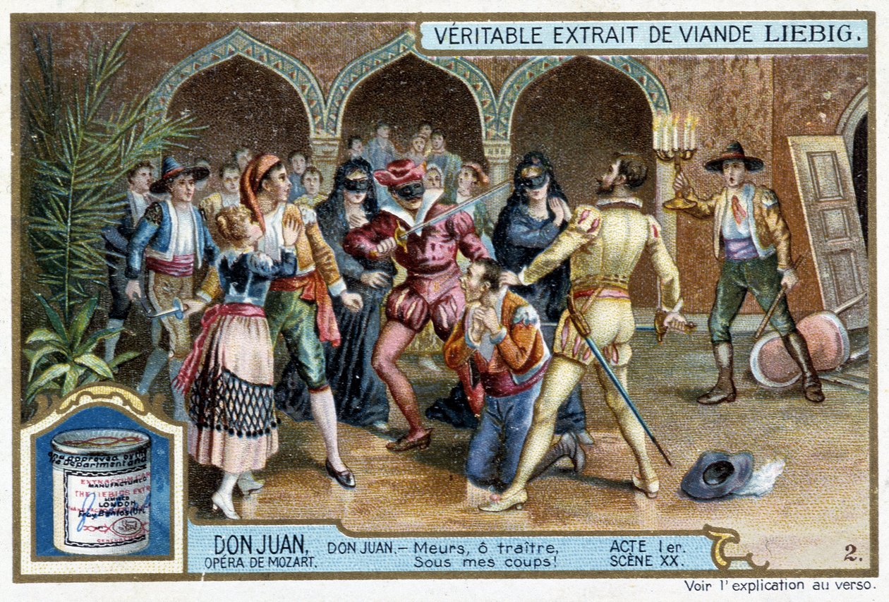 Don Juan: Act I, Scene XX, Don Juan op het gemaskerde bal - chromo Liebig door French School