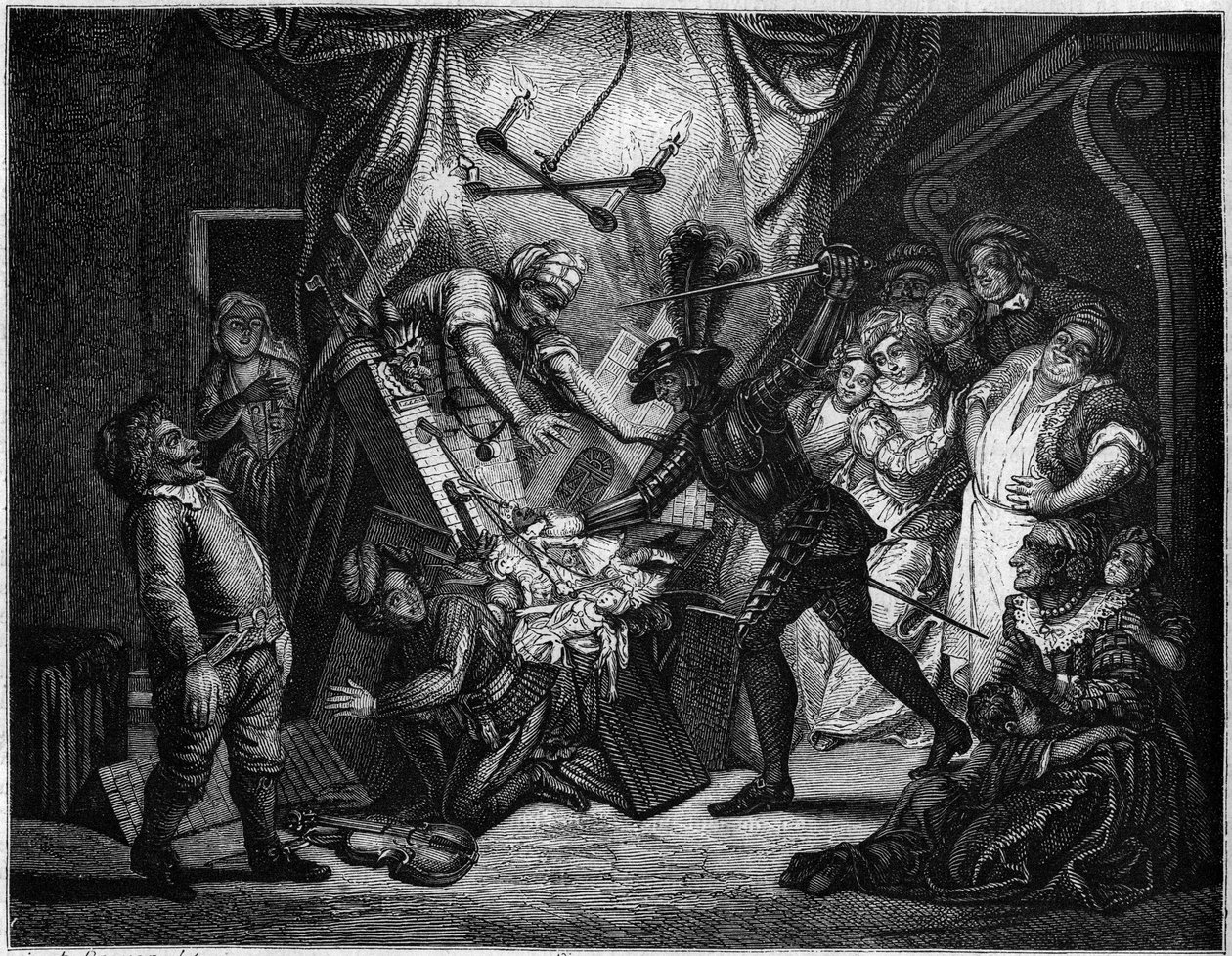Don Quichot vecht tegen de poppen die hij denkt dat Moren zijn. Gravure door V. Beauce naar het schilderij van Charles Antoine Coypel (1694 - 1752) ter illustratie van de roman door Cervantes (1547-1616). In 
