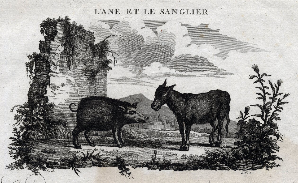 Ezel en everzwijn. Fabel van Aesopus. (Griekse schrijver Aesopus, 6e eeuw v.Chr.) Geschreven door Guillaume Montfort en gegraveerd door Beauble in 1801. door French School