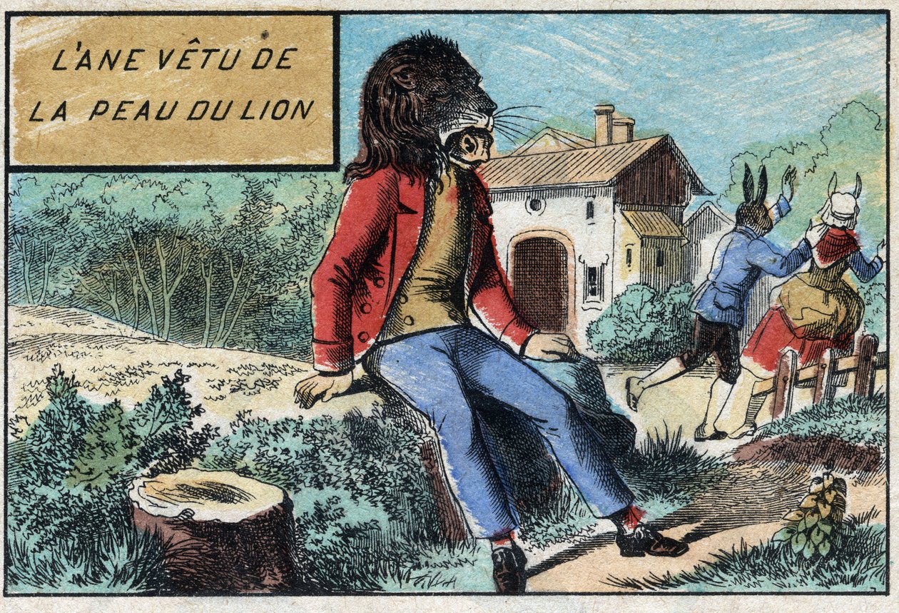Ezel die de huid van de leeuw draagt. Fabels van Jean de La Fontaine. door French School