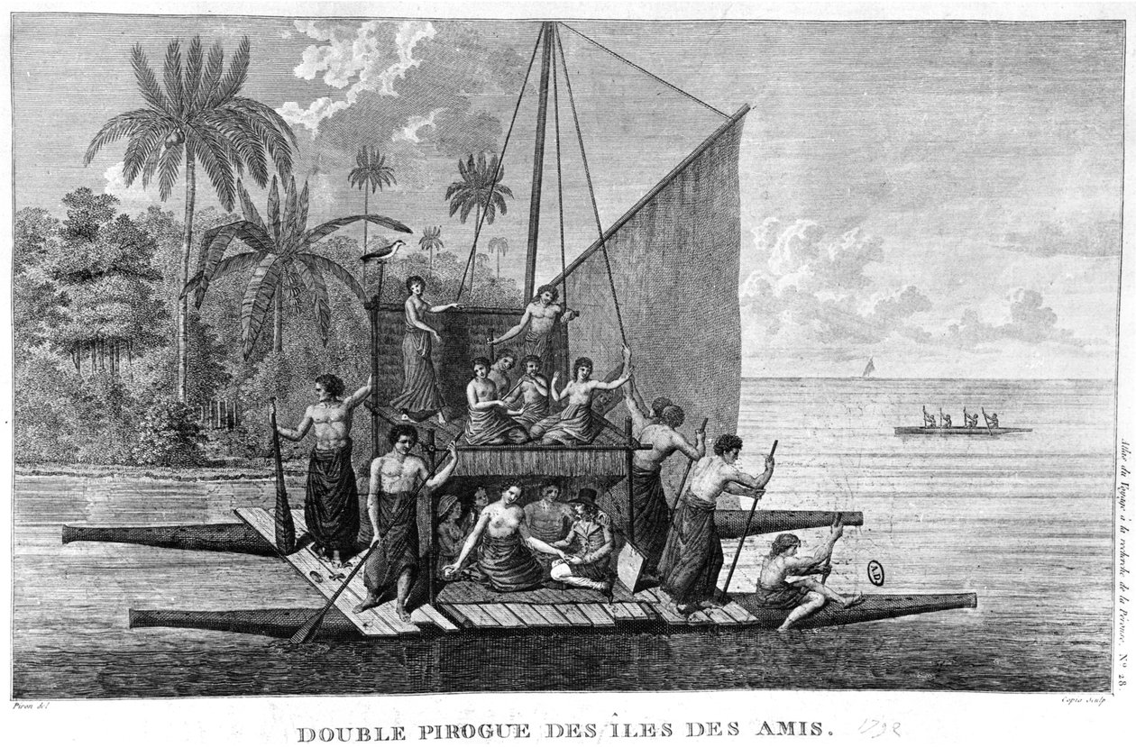 Dubbele Pirogue van de Vriendelijke Eilanden, illustratie uit de Atlas du Voyage a la recherche de La Perouse, 1792 door French School
