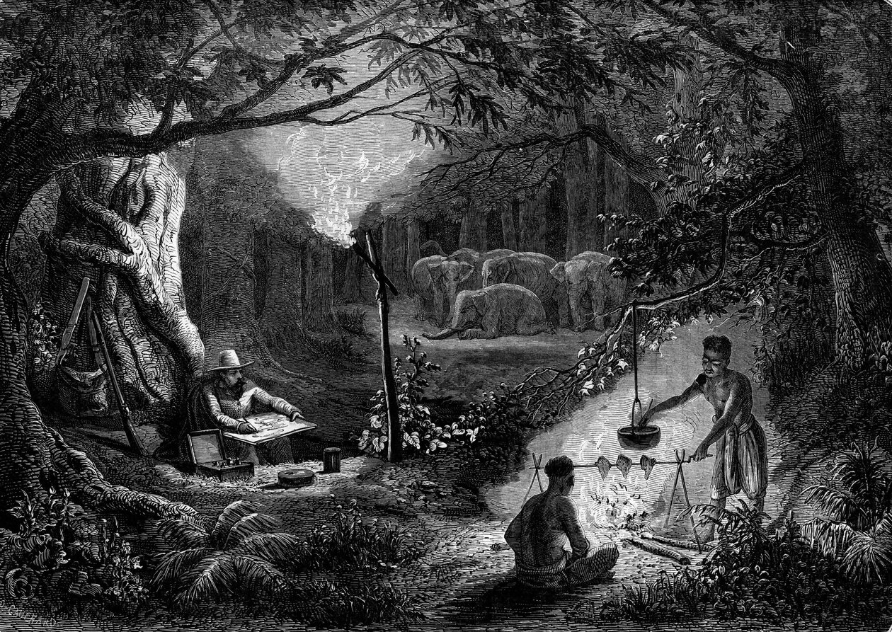 Tekening: een reiziger tekent een scène van zeden bij het licht van een fakkel. Gravure in 