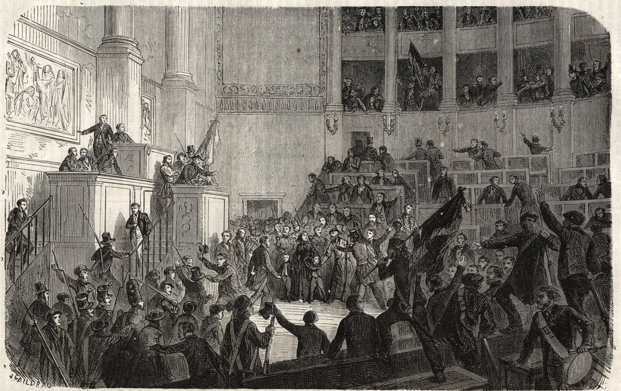 Hertogin van Orleans in de Kamer van Afgevaardigden (1848), Parijs, Frankrijk - Revolutie van 1848 - De hertogin van Orleans in de Kamer van Afgevaardigden in Parijs tijdens de proclamatie van de Republiek (Helene de Mecklembourg Schwerin, hertogin van Orl door French School