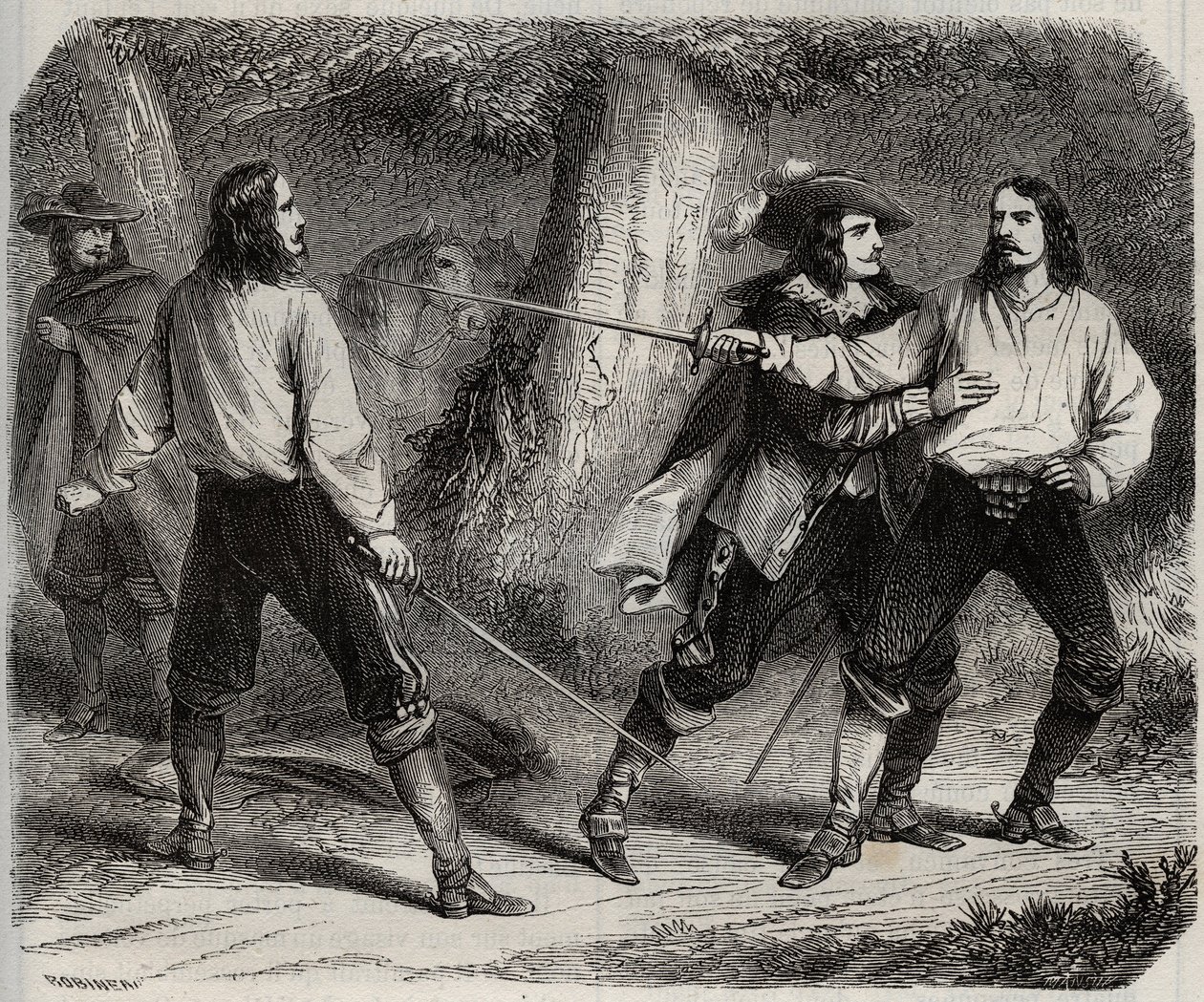 Duel met het zwaard tussen de Burggraaf van Cahuzac en de Markies van Gesvres, op wie de koningin van Frankrijk Anne van Oostenrijk verliefd is, in het bos van Vincennes. 17e eeuw. Gravure uit 1871 in 