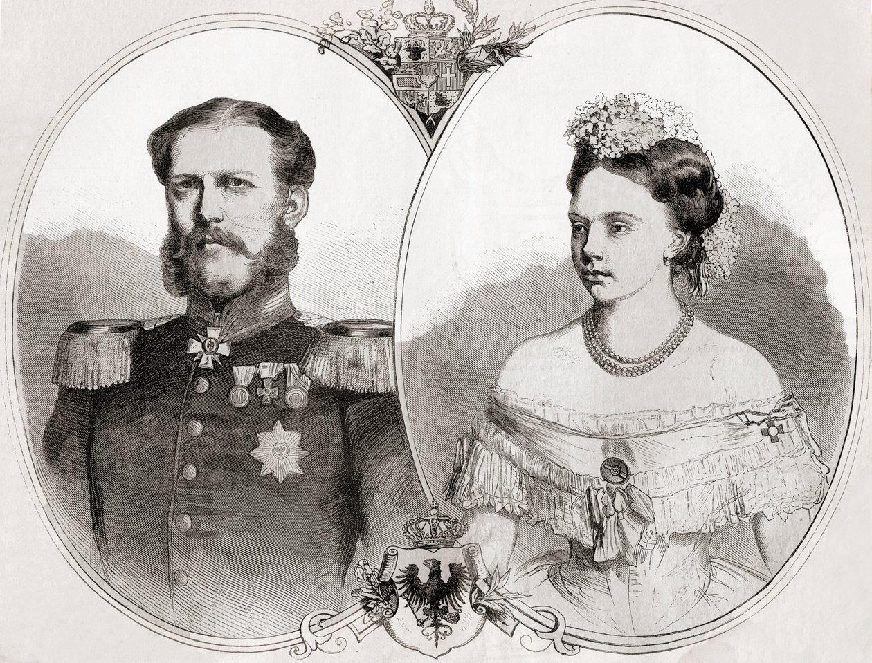 Hertog Willem van Mecklenburg-Schwerin en zijn vrouw Prinses Frederica Wilhelmina Louise Elisabeth Alexandrine van Pruisen, uit 